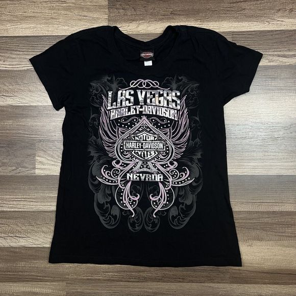 Y2K Harley Davidson Las Vegas Women’s Black T-shirt Size Large - Picture 1 of 10